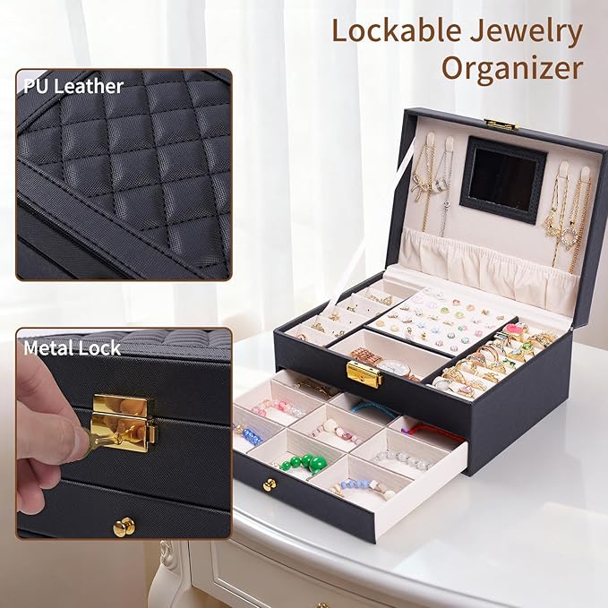 coobest Jewelry Box, 2 Layer Jewelry Organizer with Velvet Earring Organizer, Jewelry Holder Organizer Travel, White Jewelry 