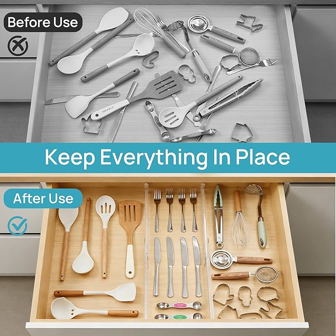 Vtopmart 8 Pack Shallow Drawer Dividers, 2.36" High 12.5"-20.8" Adjustable Expandable Kitchen Drawer Organizer, Clear Plastic