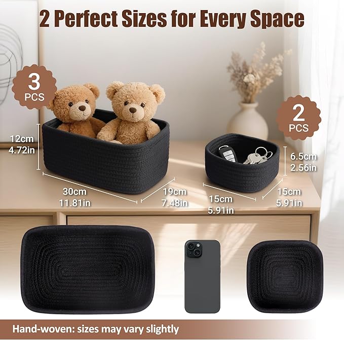 5-Pack Small Woven Rope Storage Baskets – 2 Sizes Organizer Bins for Closet, Shelf, Bookshelf, Nursery, Changing Table, Fabri