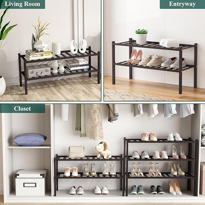 Smiry Shoe Rack, 2 Tier Bamboo Shoe Organizer, Stackable Free Standing Wooden Shoe Storage Shelf for Closet, Entryway, Front 