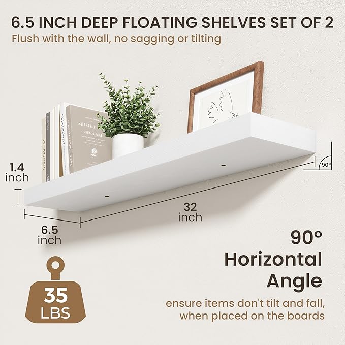 32 Inch Floating Shelves | 6.5 Inch Deep White Floating Shelves Set of 2 | 32" W x 6.5" D Rustic White Wood Wall Shelves with