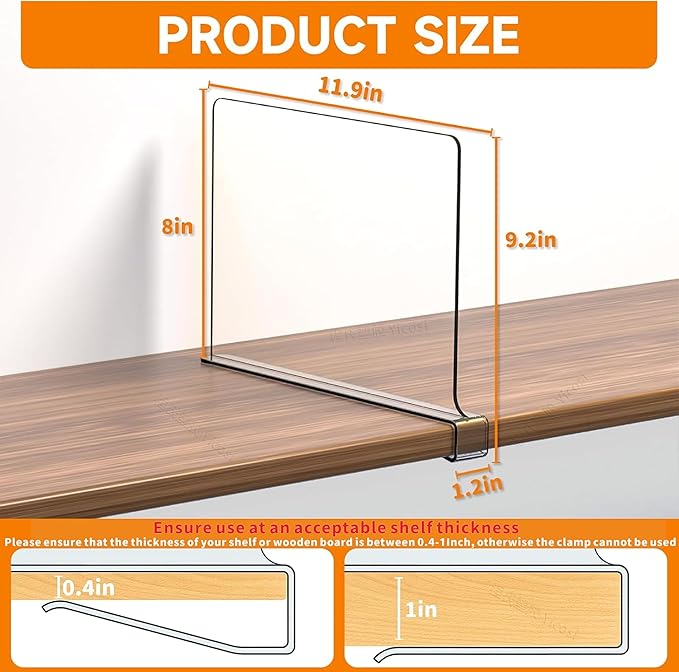 Yieach 4 Pack Clear Acrylic Shelf Divider for Closet Organization - 9.2″ Tall Closet Dividers for Wood Shelves,Cupboard,Verti