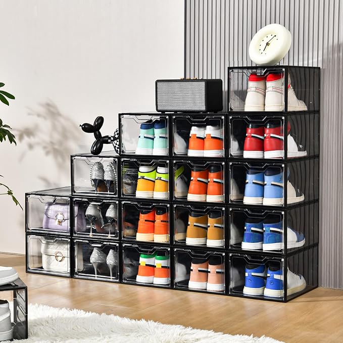 Stebopum 12 Pack Stackable Shoe Storage Organizer with Magnetic Door, Shoe Boxes Clear Black Plastic for Closet, Shoe Rack fo