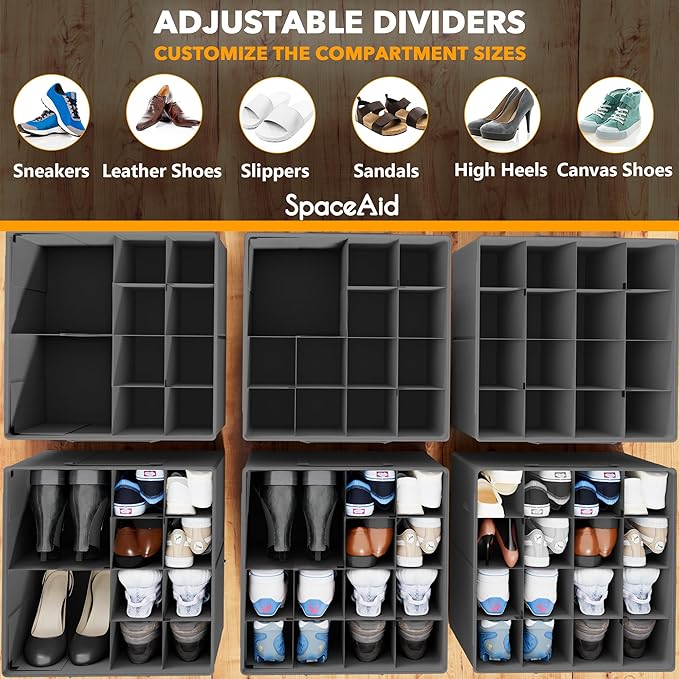 SpaceAid Shoe Organizer for Closet, 2 Pack Foldable Shoe Storage Containers Baskets Boxes Bins w/Adjustable Dividers, Fits 16