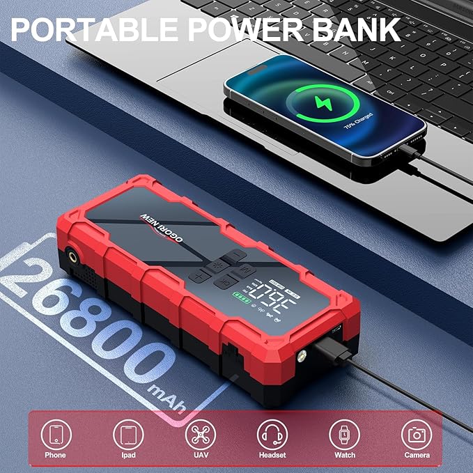 8000A Jump Starter with Air Compressor, 26800mAh 150PSI Portable Car Battery Jump Starter (All Gas/16L Diesel), 12V