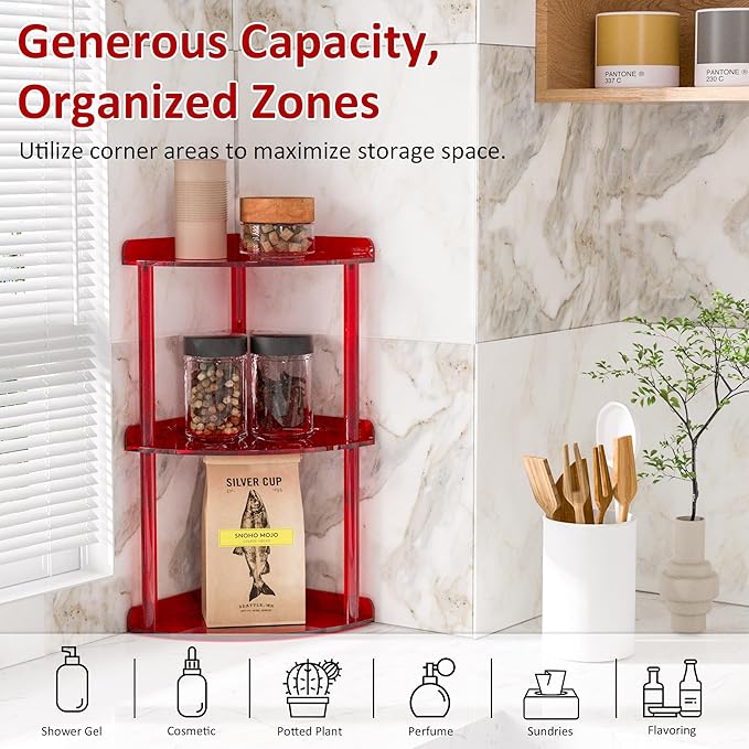 Sezanrpt 3 Tier Countertop Corner Organizer Shelf 7x7x15.7 Inch, Red Countertop Acrylic Bathroom Corner Shelf, Vanity Storage