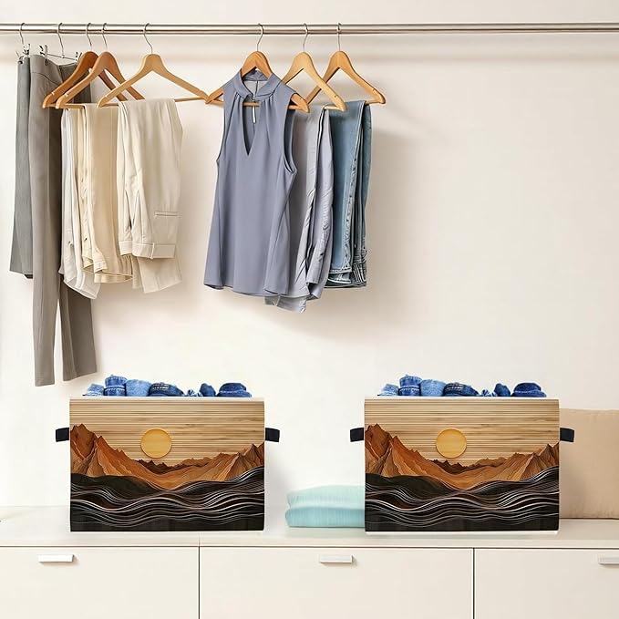 Boho Abstract Sun Mountain Storage Box Bins, Rustic Modern Abstract Boho Collapsible Storage Basket Organizer for Bedroom Lau