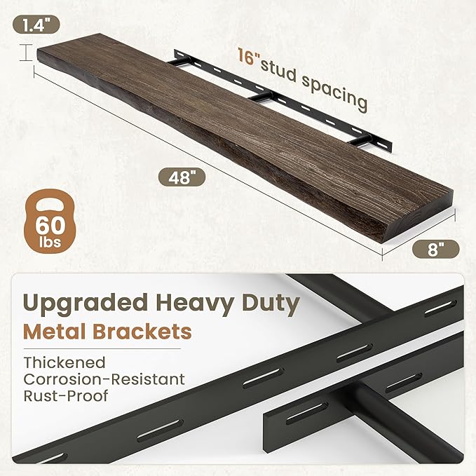 Fun Memories Floating Shelves for Wall Decor Set of 1-48 Inch Solid Elm Wood Live Edge - Rustic Walnut Wall Shelves with Invi