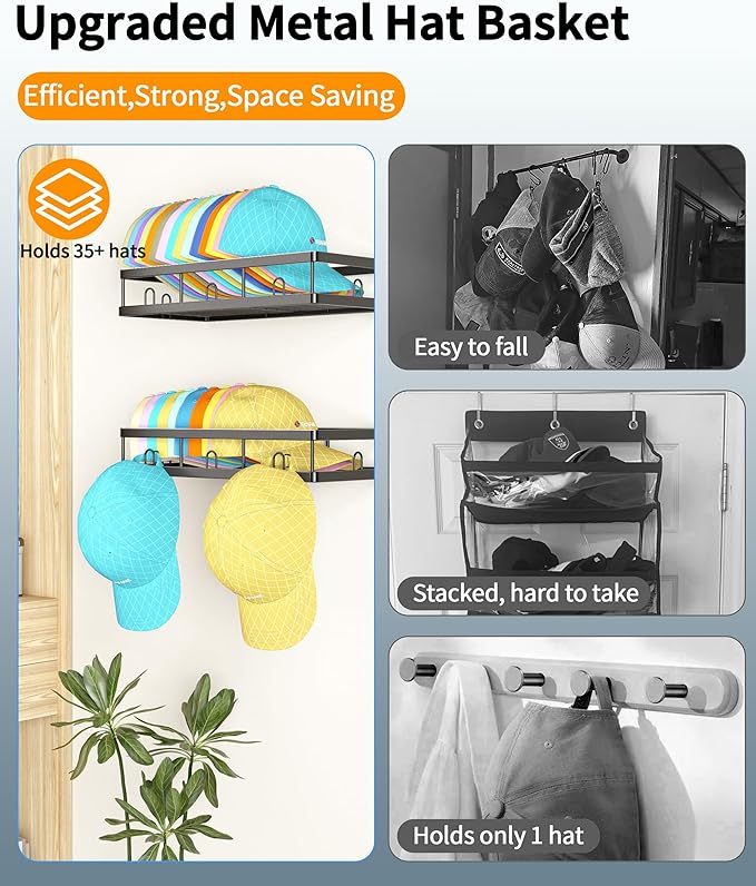 Metal Hat Organizer for Baseball Caps-2 Packs Fit 40 Hat Rack-Sturdy Wall Mounted Hat Storage- Hat Holder with 5 Hooks-Hat Ra