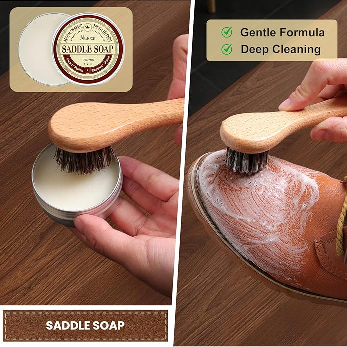 10Pcs Leather Care Kit- 3Pcs Horsehair Brushes, 1.76oz Saddle Soap, 1.76oz Mink Oil and Wax Waterproofer