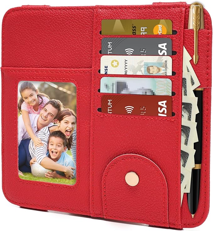 Visor Organizer, Red Sunglass Holder For Car, Sunvisor Organizers with Multiple Pockets and Picture Frame, Essential Car Interior Accessories for Women and Men