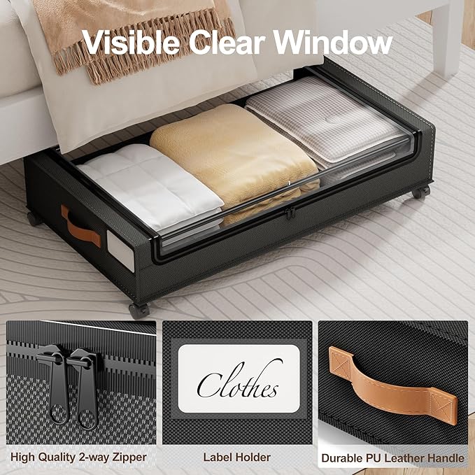 LAMU Under Bed Storage with Wheels, 2 Pack Under Bed Storage Containers with Clear Lid, XXL 60L Underbed Storage Bins, Rollin
