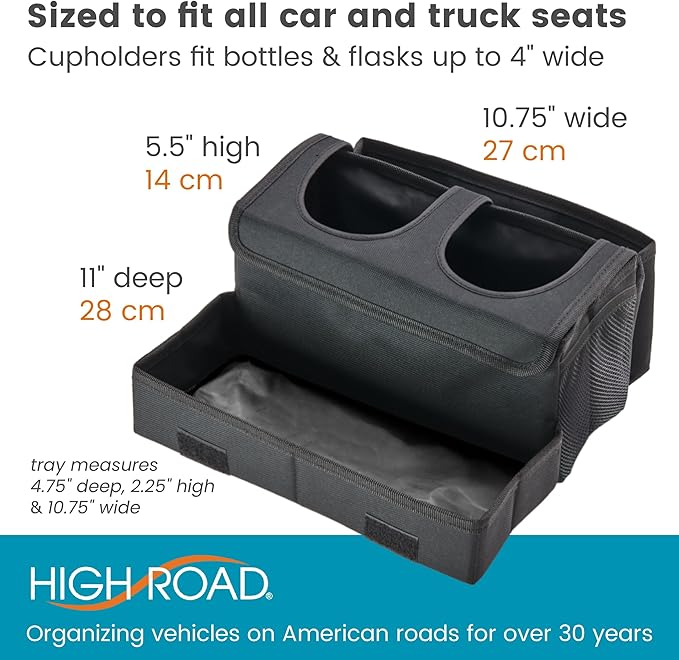 High Road CarHop Jr - Car Organizer with Cup Holders and Storage or Eating Tray for Car - Front Seat Organizer for Drivers and Back Seat Organizer for Kids and Adults