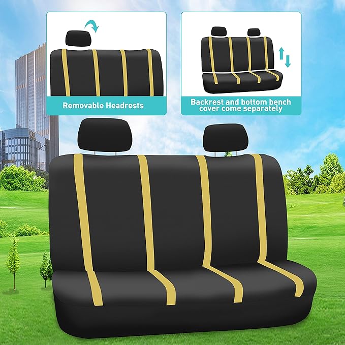 FH Group Unique Flat Cloth Full Set Car Seat Covers w. Silicone Steering Wheel Cover- Universal Fit for Most Cars, Trucks, SUVs or Vans (Yellow/Black)