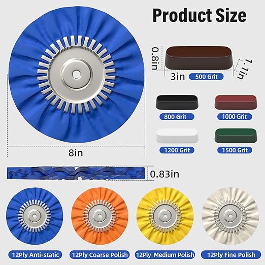 BURMONG 8" Airway Buffing Wheels for 4.5" Angle Grinder, 9PCS Buffer Polisher Wheel for Car, Aluminum Metal Polishing Wheel Pad and Compound Kit for Mirror Finish (5/8" Arbor Hole)