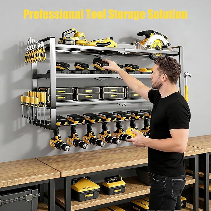 MOOMSINE Large Power Tool Organizer Wall Mount, 4-Tier Heavy Duty Metal Storage Rack Loads 400lbs, Battery Tools Hanger with 