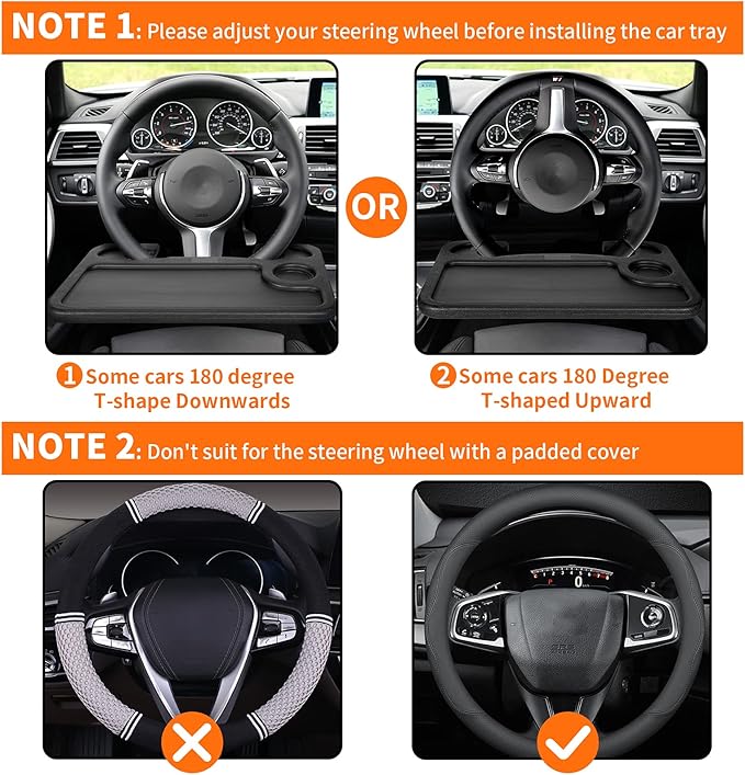 Car Steering Wheel Tray Table Food Eating Hook On Steering Wheel Desk Laptop Holder with Cell Phone Stand Car Table Laptop Tray for Eating Tablet iPad and Notebook Black
