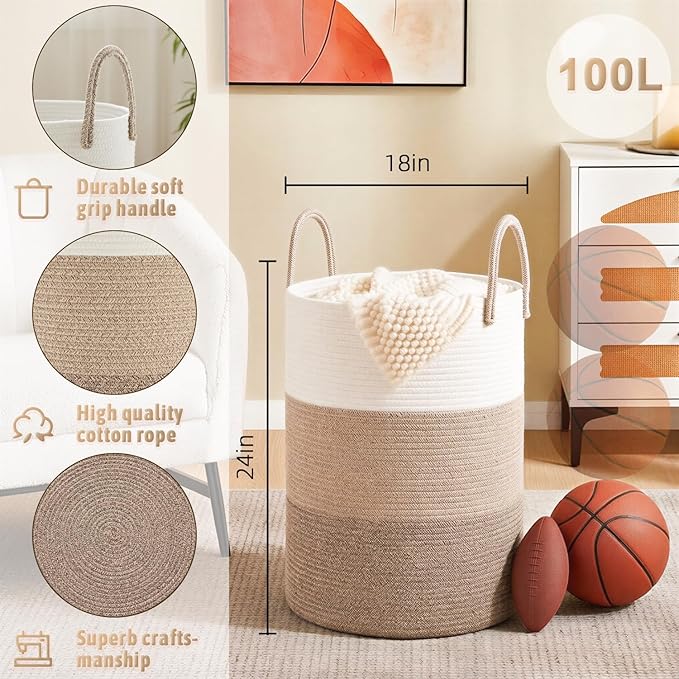 Artfeel Laundry Basket,Woven Cotton Rope Laundry Hamper,100L for Decorative Storage of Dirty Clothes,Toys and Blankets in Bat
