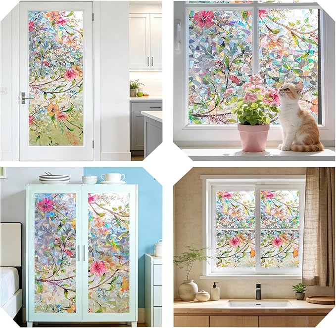 Hilarious Stained Glass Window Film Rainbow Floral Static Cling Window Film Flower Window Privacy Film No Glue Decorative Window Cling UV Blocking Heat Control Glass Windows Stickers, 35.4''x78.7''