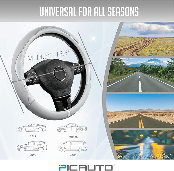 PIC AUTO Steering Wheel Cover, Silver Patterned Leather Patchwork Design, Universal Fit 14.5"–15.5", Anti-Slip, Odor-Free, So