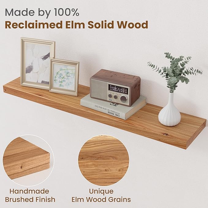 Floating Shelves for Wall Decor, 8" Deep Rustic Solid Elm Wood Floating Shelves Wall Mounted, Wall Shelves with Invisible Bra