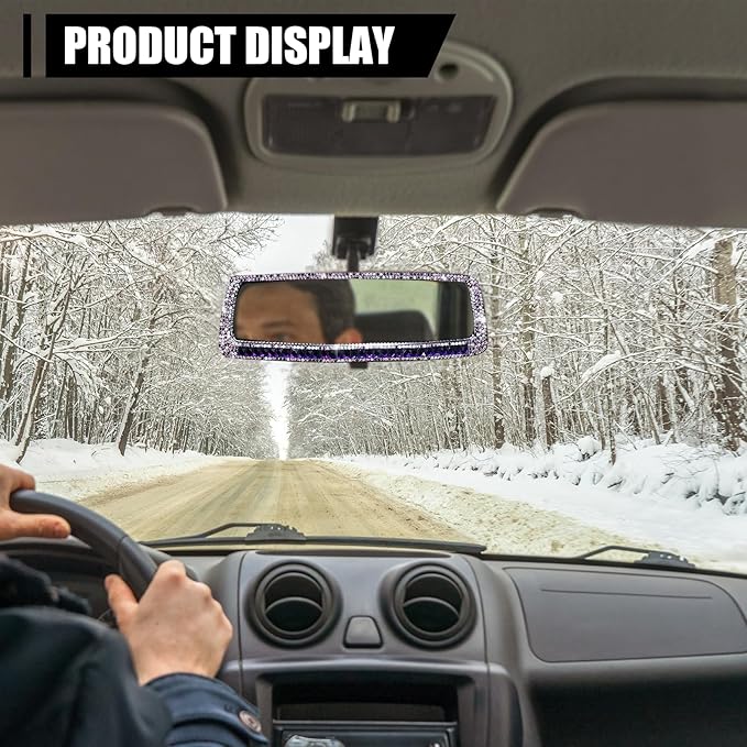ZIMISI Bling Car Rear View Mirror, 10.51 Inch HD Glass Wide Angle Rearview Mirrors, Clip-on Crystal Diamond Panoramic Rear View Mirror Accessories, Bling Car Decorations for Women (Purple)
