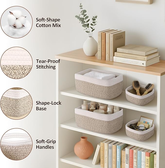 5-Pack Small Woven Rope Storage Baskets – 2 Sizes Organizer Bins for Closet, Shelf, Bookshelf, Nursery, Changing Table, Fabri
