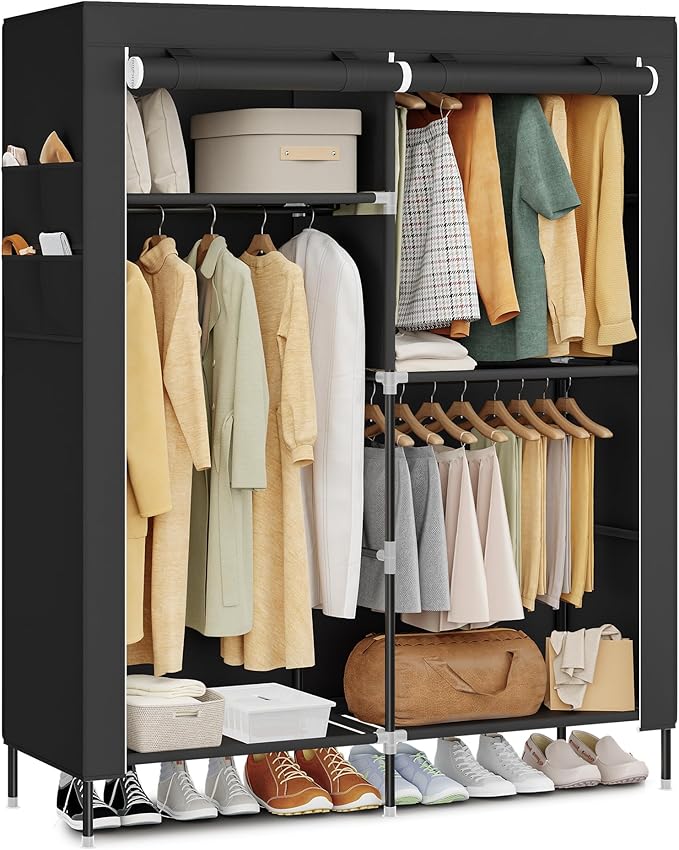 SONGMICS Portable Closet, Fabric Wardrobe, Clothes Rack with Shelves, Pockets, Large Capacity, 3 Hanging Rods, 50 x 17.7 x 70