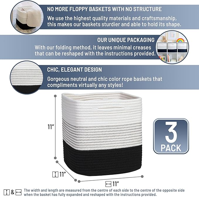NaturalCozy Storage Cubes 11 Inch Cotton Rope Woven Baskets for Organizing, 3-Pack | Cube Storage Bin | Square Storage Basket