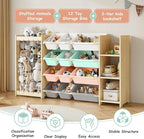 EXPERLAM 3-in-1 Toy Storage Organizer, Stuffed Animal Holder & 3-Tier Bookcase, Solid Wood Toy Organizer with 12 Storage Bins