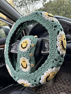 Handmade Crochet Sun Smiling face Car Steering Wheel Covers Universal 14-15 inch,Cute Steering Wheel Cover,Car Accessories (Sun Wheel Cover+2 Belt Cover)