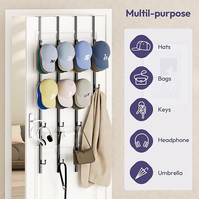 SWTYMIKI Over Door Hat Rack - 4 Packs Metal Hanging Hat Organizer with 16 Hooks Design, Baseball Cap Hanger Organizer Storage