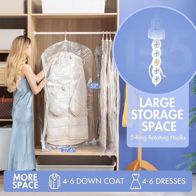 Hanging Vacuum Storage Bags, 6 Pack (53 x27.6 inch), Vacuum Seal bags for Clothing, Garment Storage for Coat, Jacket, Suits, 