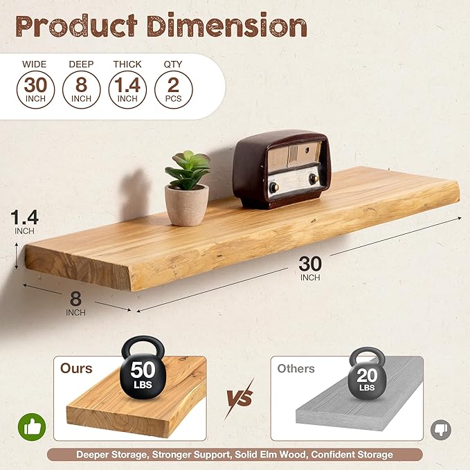 fuqing Live Edge Floating Shelves for Wall 30 inch, 8 Inch Deep Solid Elm Wood Floating Wall Shelves - Rustic Wooden Shelves 