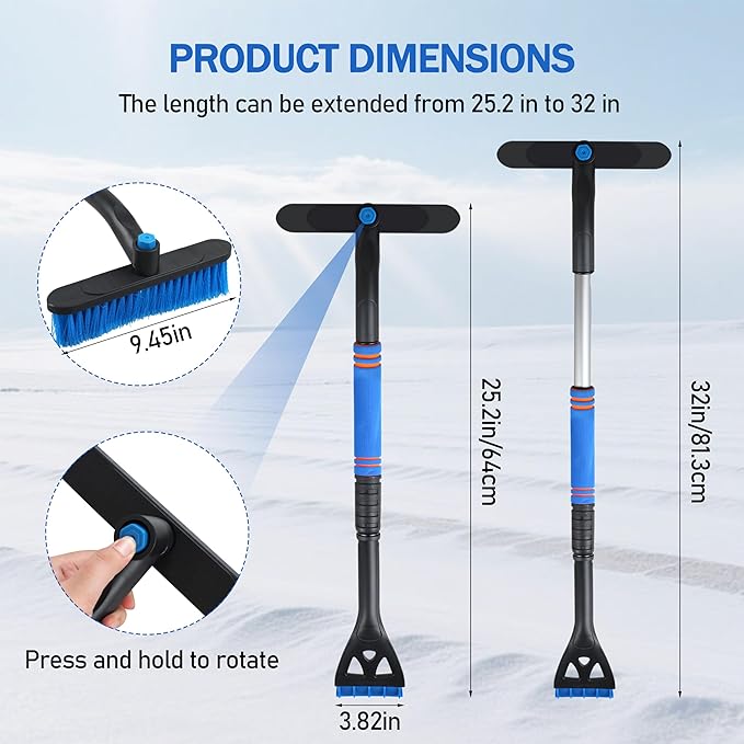 32'' Snow Brush and Ice Scraper for Car Windshield, Aluminum Extendable Snow Removal Tool for Car Window with with Foam Grip and 360° Pivoting Brush Head for for Cars, SUV & Trucks(1pack)