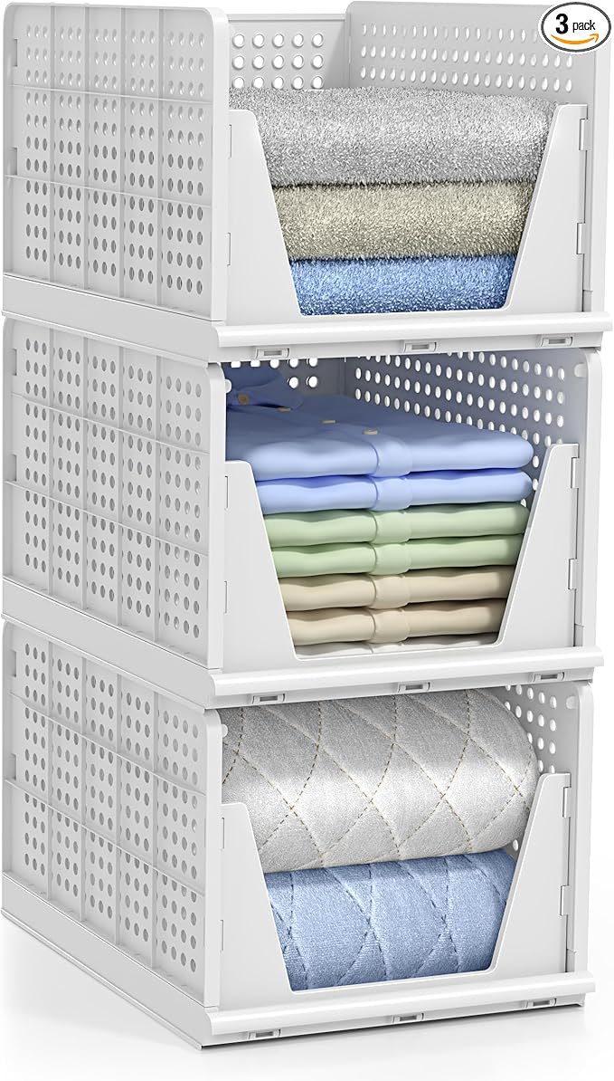 Sorbus 3 Pack Folding Closet Shelf Organizer for Clothes - Versatile Stackable Storage Baskets for Closet, Bathroom, Kitchen 