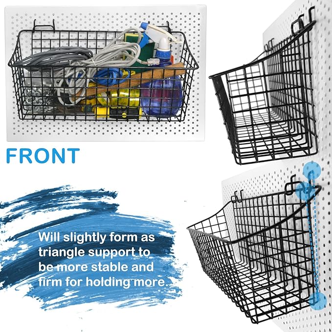 G.CORE 2 Pack Pegboard Baskets, Black Metal Shelves Hooks to 1/8" and 1/4" Hole Peg Boards, Peg Board Baskets Bins Set - Tool