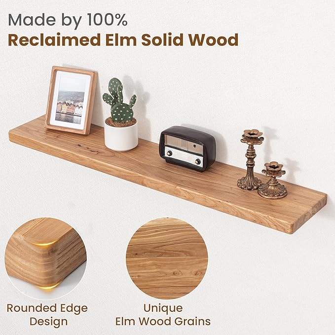 Floating Shelves for Wall, 40"Wx8"D Rustic Solid Elm Wood Floating Shelves Wall Mounted, Round Edge Wall Shelves with Invisib