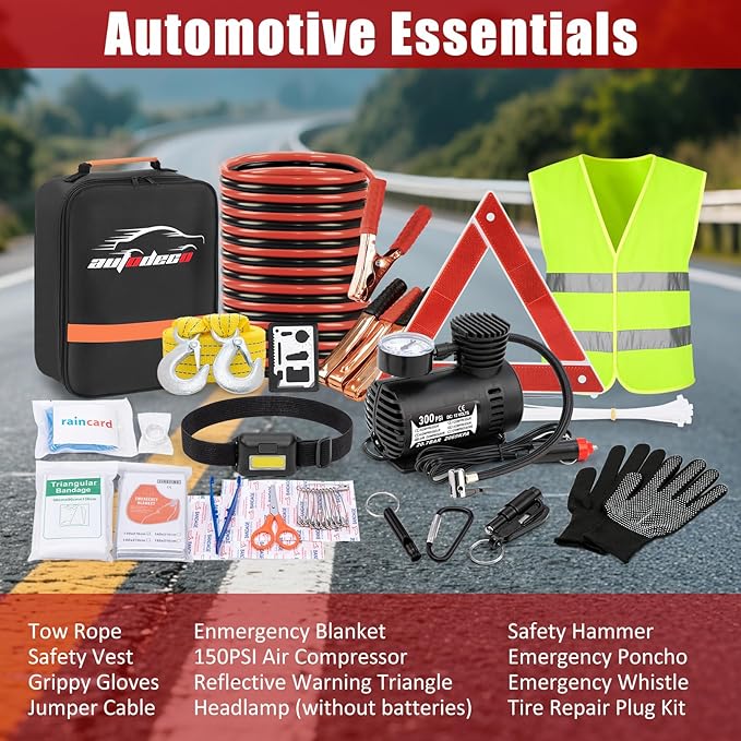 AUTODECO Car Roadside Emergency Kit, Car Safety Kit Portable Vehicle Kits for Emergency with Jumper Cables, Tow Straps, Safet