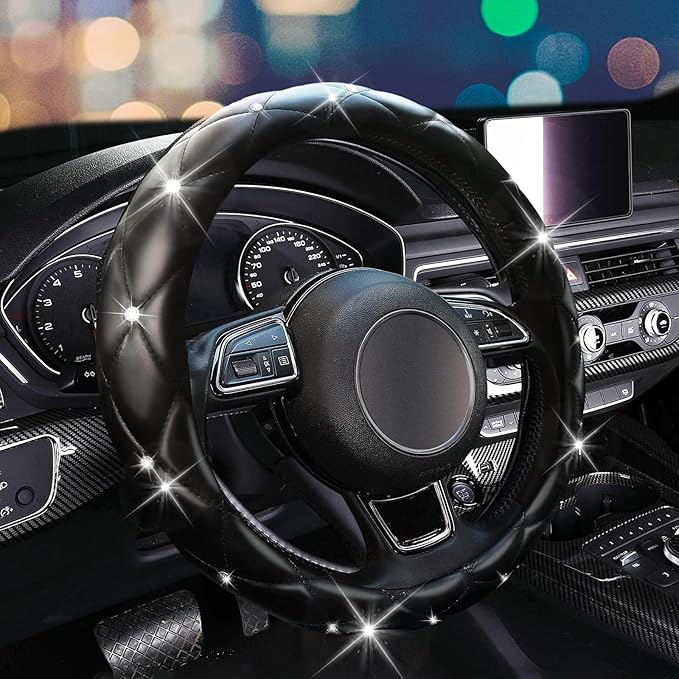 SuperKaKa Black Steering Wheel Cover 2026, Auto Cute Girly Diamond Bling Comfort Leather Car Interior Accessories Protector S