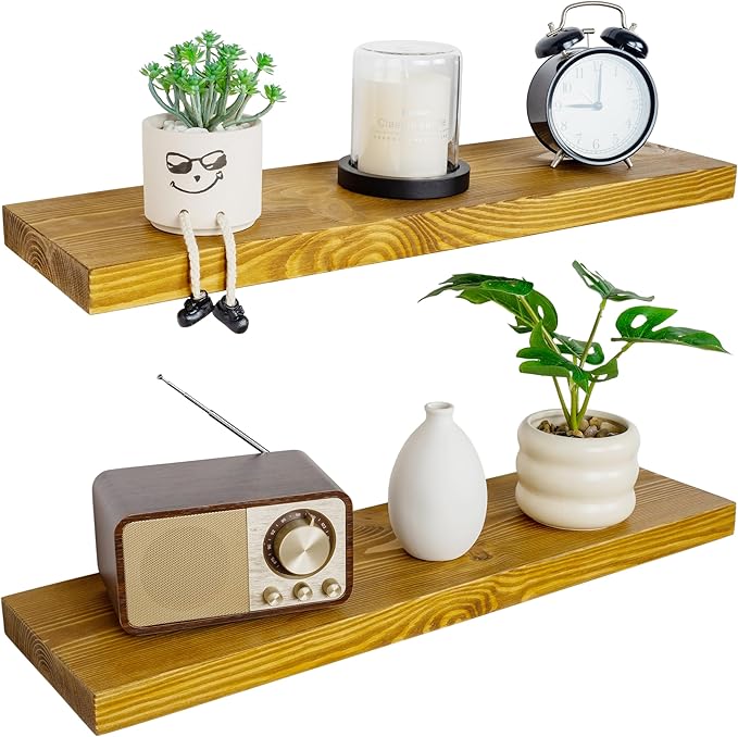 BGMG Wood Floating Shelves for Wall 30 inch Set of 2, Rustic Wooden Wall Mount Shelves for Living Room Bedroom Kitchen Farmho