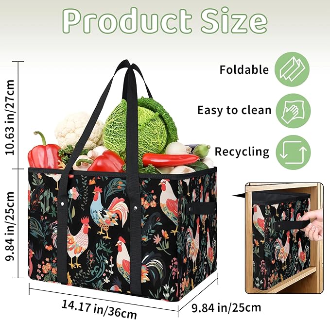 Reusable Grocery Bags Heavy Duty Shopping Bags Foldable Large Tote Bags with Long Handles & Hard Bottom