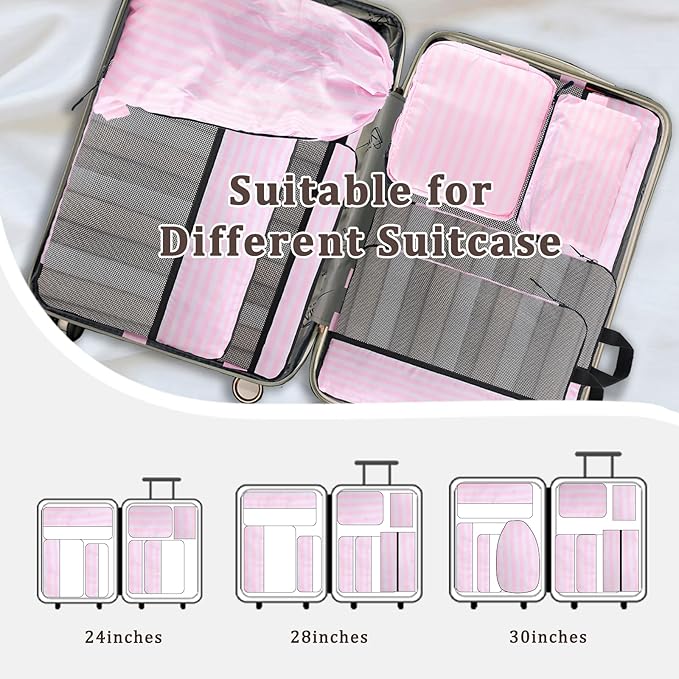 U+U 10 Set Compression Packing Cubes - Ultralight Pink Stripe Travel Organizers with Laundry Bag, Space-Saving Suitcase Organ