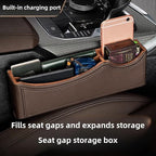 Car Seat Gap Organizer Large Capacity Leather Storage Box with Charging Port Multi-Purpose Car Seat Crevice Storage Solution for Phones Wallets Cards Ideal for Car Organization (Modern, Brown-Right)