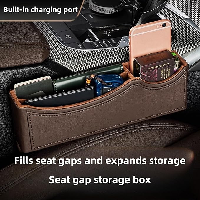 Car Seat Gap Organizer Large Capacity Leather Storage Box with Charging Port Multi-Purpose Car Seat Crevice Storage Solution for Phones Wallets Cards Ideal for Car Organization (Modern, Brown-Right)