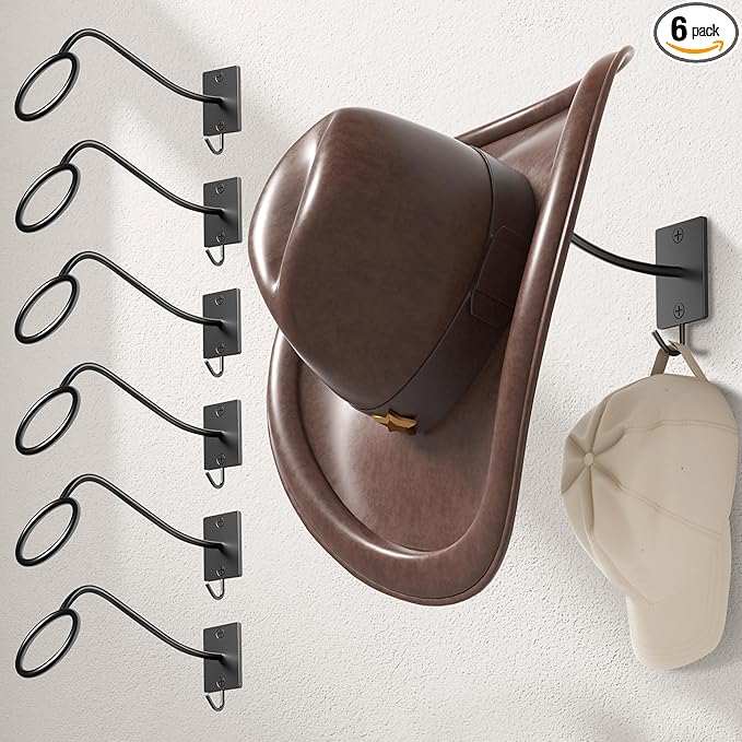 Cinati Cowboy Hat Rack for Wall 6 Pack, Cowboy Hat Holder Wall Mount, Western Rustic Metal Hats Hanger Hooks Organizer for Fe