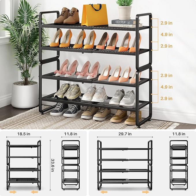 SNTD Shoe Rack - Expandable Shoe Organizer for Closet, Adjustable Metal Shoe Shelf Storage, Stackable Long Shoe Stand Holder 