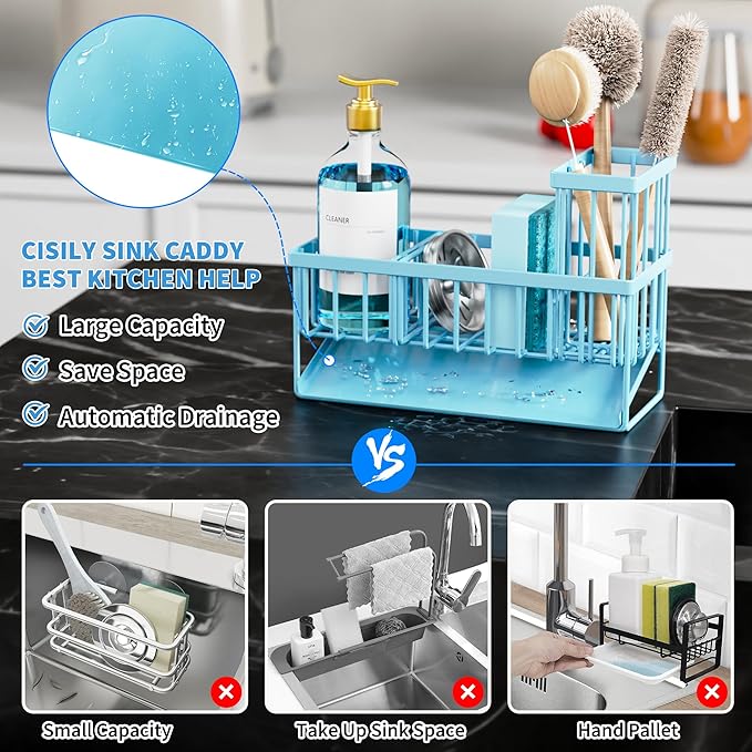 Cisily Blue Kitchen Sink Caddy Organzier with High Brush Holder, Sponge Holder for Sink, 304 Rustproof Stainless, Kitchen Cou