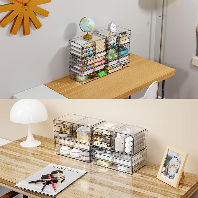Yieach 2 Pack Acrylic Storage Drawers With 4 Drawers,Stackable Desk Organizers and Makeup Organizer,Large Clear Office Suppli