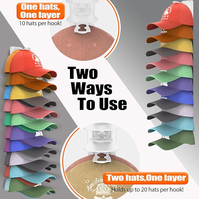 Hat Organizer for Baseball Caps Hold Up to 40 Hats, 2 Pack Hat Rack for Wall, Strong Adhesive Hat Storage Display Holder(Whit